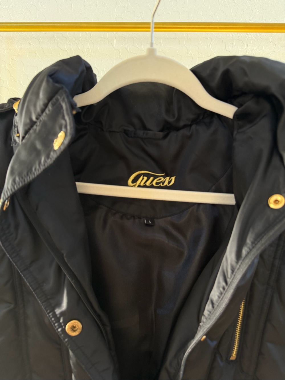 Guess Black Puffer Jacket with Gold Accents